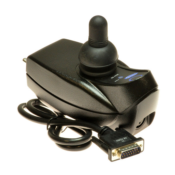 MKIV RII Joystick Controller for Invacare Pronto Power Chairs, featuring a compact black device with a plug, designed specifically for select Pronto models.