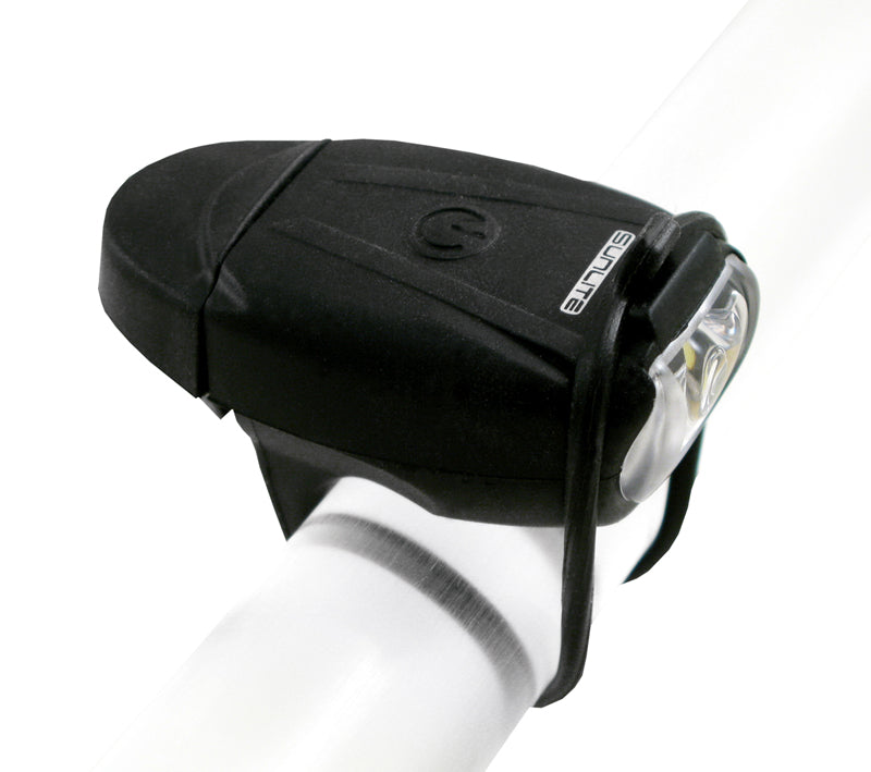 ML-200 Chameleon Multi Light close-up, showing a black headlight mounted on a white tube, ideal for various scooters and bicycles.