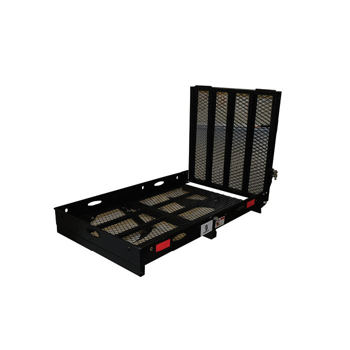 Mobility Scooter Carrier with a black metal frame and reinforced steel mesh panels, designed for Class III hitch receivers, supporting up to 500 lbs, and featuring a 59 ramp and anti-tilt lock device.