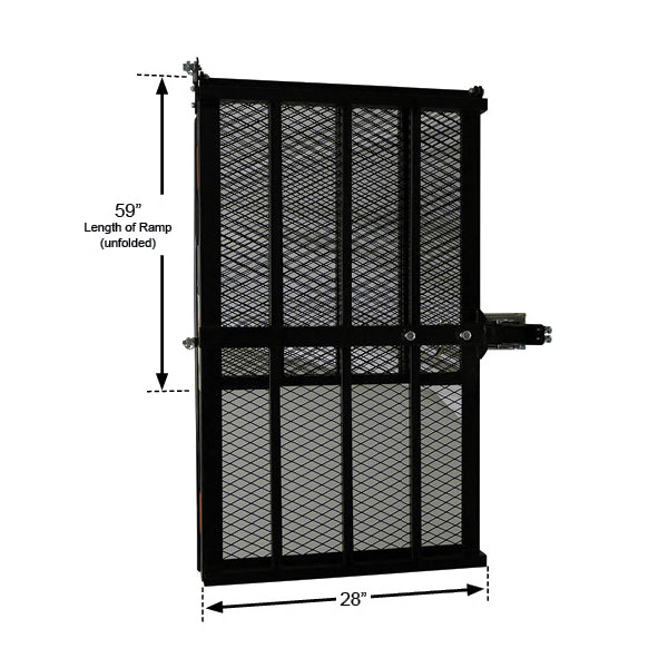 Mobility Scooter Carrier: A black gate with measurements, featuring reinforced steel mesh bottom, fits any Class III (2) hitch, designed to carry up to 500 lbs, includes anti-tilt lock device.