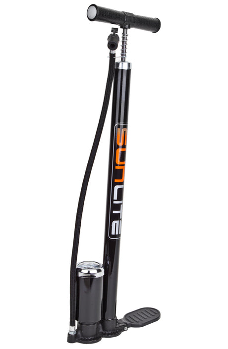 Model M Floor Pump by Sunlite, shown as a black bicycle pump with a black strap, ideal for bikes and scooters.