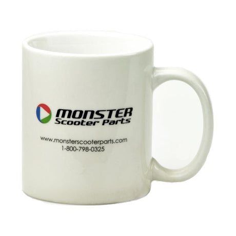 Monster Scooter Parts Ceramic Mug (Old Logo) featuring black text and the classic Monster Scooter Parts logo, web address, and phone number on a white porcelain background.