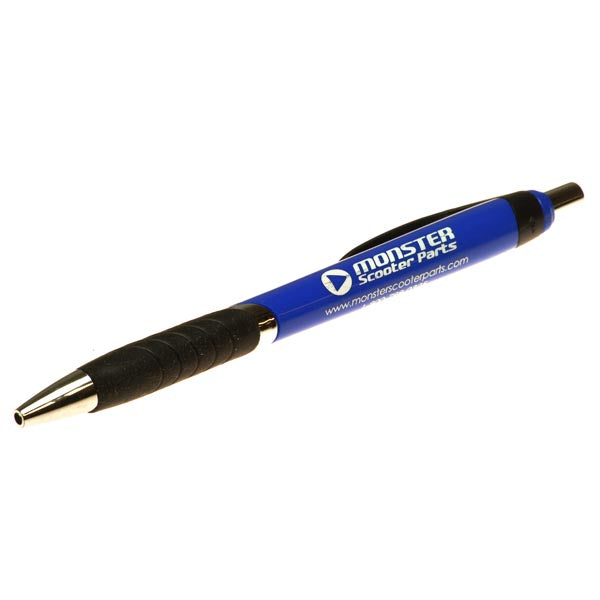 Monster Scooter Parts Pen with a translucent purple barrel and ergonomic wasp-waist design, featuring a blue tip and black handle for comfortable, cramp-free writing.