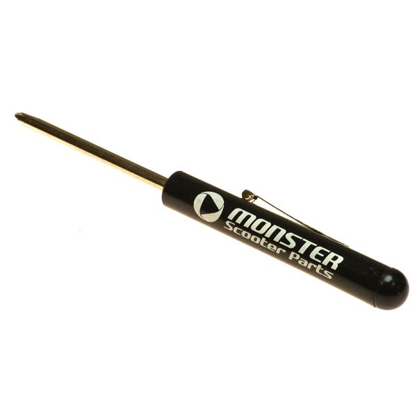 Monster Scooter Parts Reversible Mini Screwdriver, featuring a sleek black and gold design, shown up close. The tool highlights a double-headed shaft with straight-slot and Phillips ends, plus a side pocket clip.