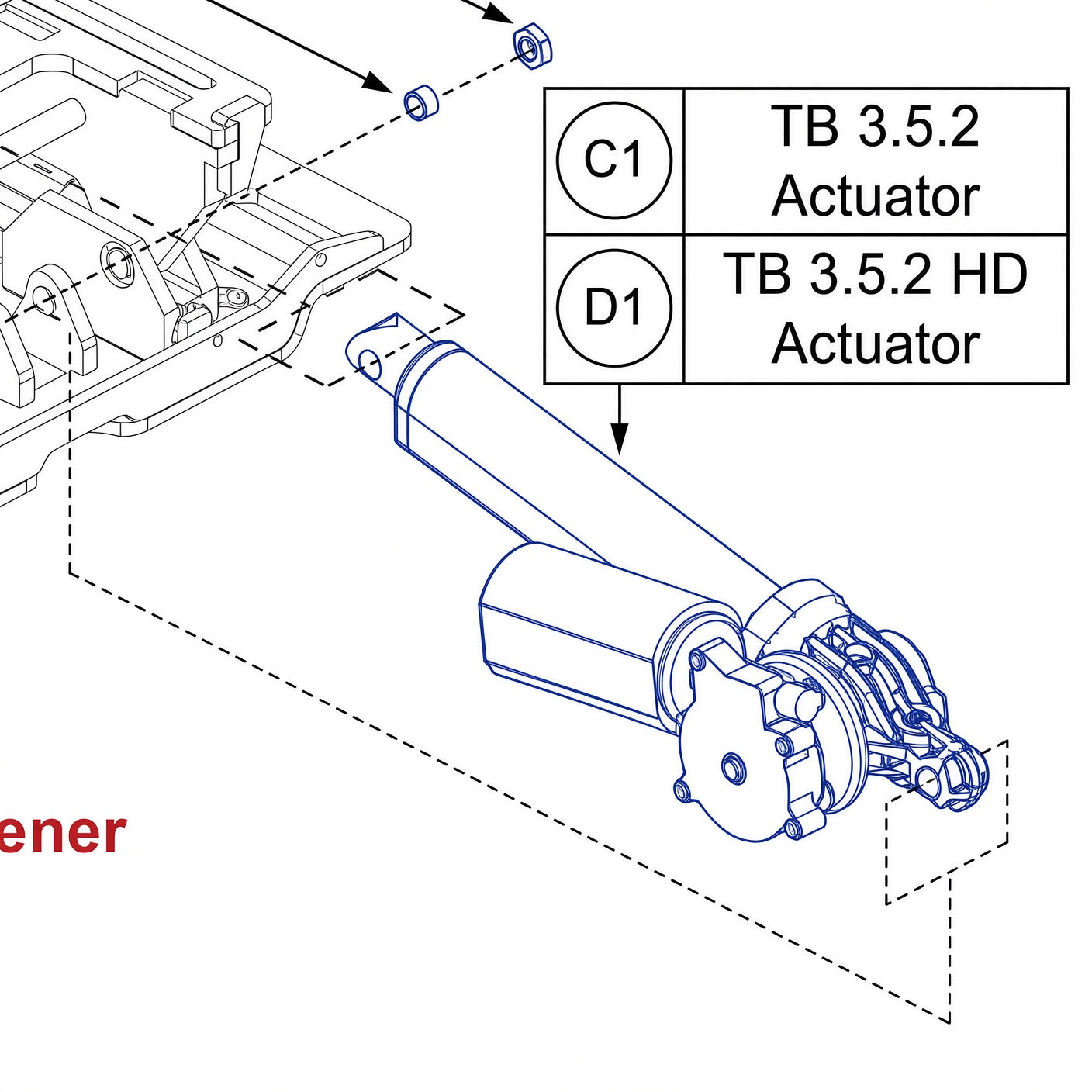 Parts diagram showing the tilt actuator location on the Quantum TRU-Balance 3 seating system