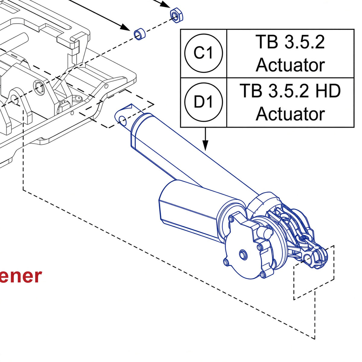 Parts diagram showing the tilt actuator location on the Quantum TRU-Balance 3 seating system