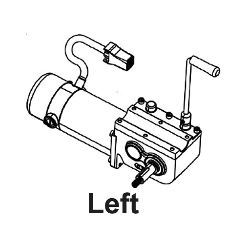 Drive Motor Assembly for the ActiveCare Catalina and Intrepid Power Chairs; black and white drawing showing the detailed components and structure of the motor, including gears and wiring.