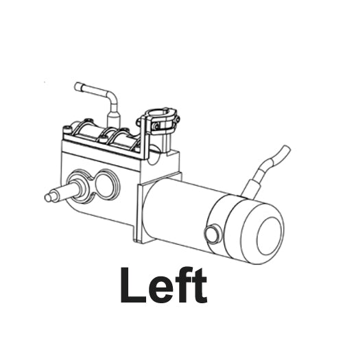 Left Drive Motor Assembly for the ActiveCare Wildcat and Wildcat 450 Power Chairs. A detailed sketch of the motor assembly, highlighting its mechanical components and design.