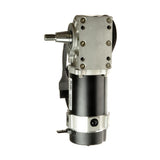 Left Motor Assembly (ES712106009-02) for Quantum Q6000Z & Q6000Z HD Power Chairs, showcasing a close-up of the black and silver mechanical motor, emphasizing its intricate cylindrical components.