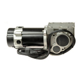 Left Motor Assembly (ES712106009-02) for Quantum Q6000Z & Q6000Z HD Power Chairs, showcasing a close-up of the black and silver machine part with visible metal components and a black rope.