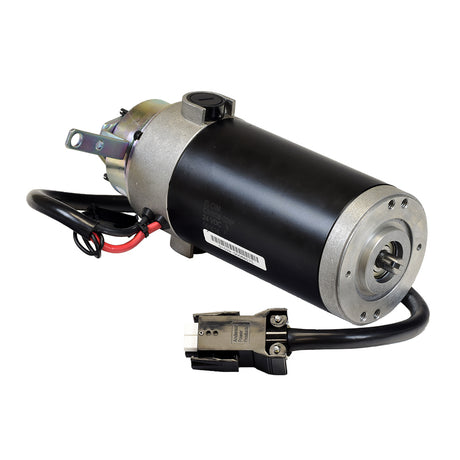 Motor (CM80B-013) & Brake Assembly for the Pride Celebrity X & Mega Motion Endeavor X, featuring a black and silver electric motor with attached red wires, a visible barcode, and close-up of cables.