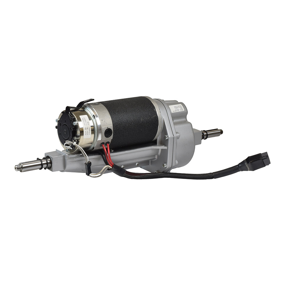 Motor, Brake, and Transaxle Assembly for 1st Generation Pride Hurricane (PMV5001), featuring a grey electric motor with black wires and a metal cylinder component for mobility scooters.