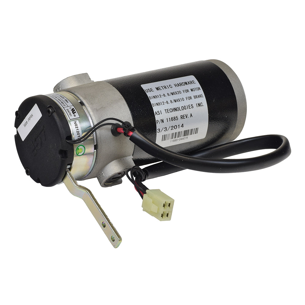 Motor & Brake Assembly for the Golden Companion I & II (GC240, GC340, & GC440) for VA units with ASI Transaxles. Features a black and silver motor with attached wires and a visible plug.