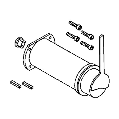 Motor and Brake Assembly for the Invacare Lynx L-3 & Lynx L-4, depicted in a detailed black and white sketch, showcasing the cylindrical motor and attached muffler-like brake assembly components.