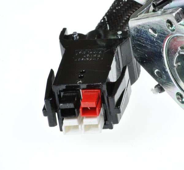 Motor (E690) & Brake Assembly for Pride Hurricane (PMV5000), showcasing a close-up of the black and white electrical connector, a metal surface, and black and red cables.