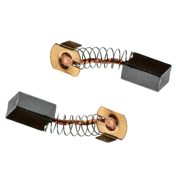 Set of 2 replacement motor brushes for Pride mobility scooters, including models Celebrity 2000, Legend, and Sundancer. Close-up shows black and gold electrical wires attached to metal components.