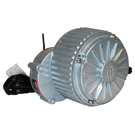 36 Volt 450 Watt XYD-16B1 Gear Reduction Electric Motor with 9 Tooth 1/8 Bicycle Chain Sprocket for the eZip and IZIP TriCruiser, showing its metal housing and mounting holes for easy installation.