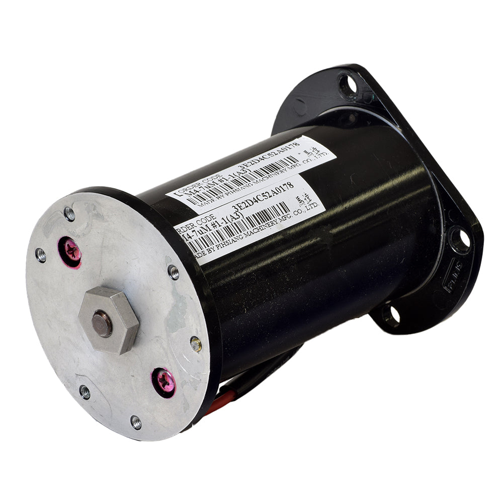 Drive Motor for the Shoprider Dasher 4, Echo, Hero, Jimmie, & Scootie Jr - a black and silver cylinder with a white label and barcode.