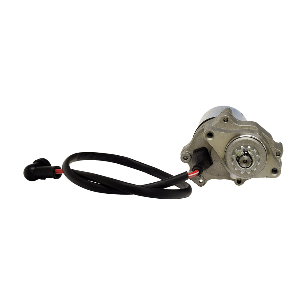 12 Volt Electric Starter Motor for 50cc - 150cc ATV & Dirt Bike Engines with 2 Mounting Holes, shown in close-up, highlighting the motor's compact design and visible wiring.