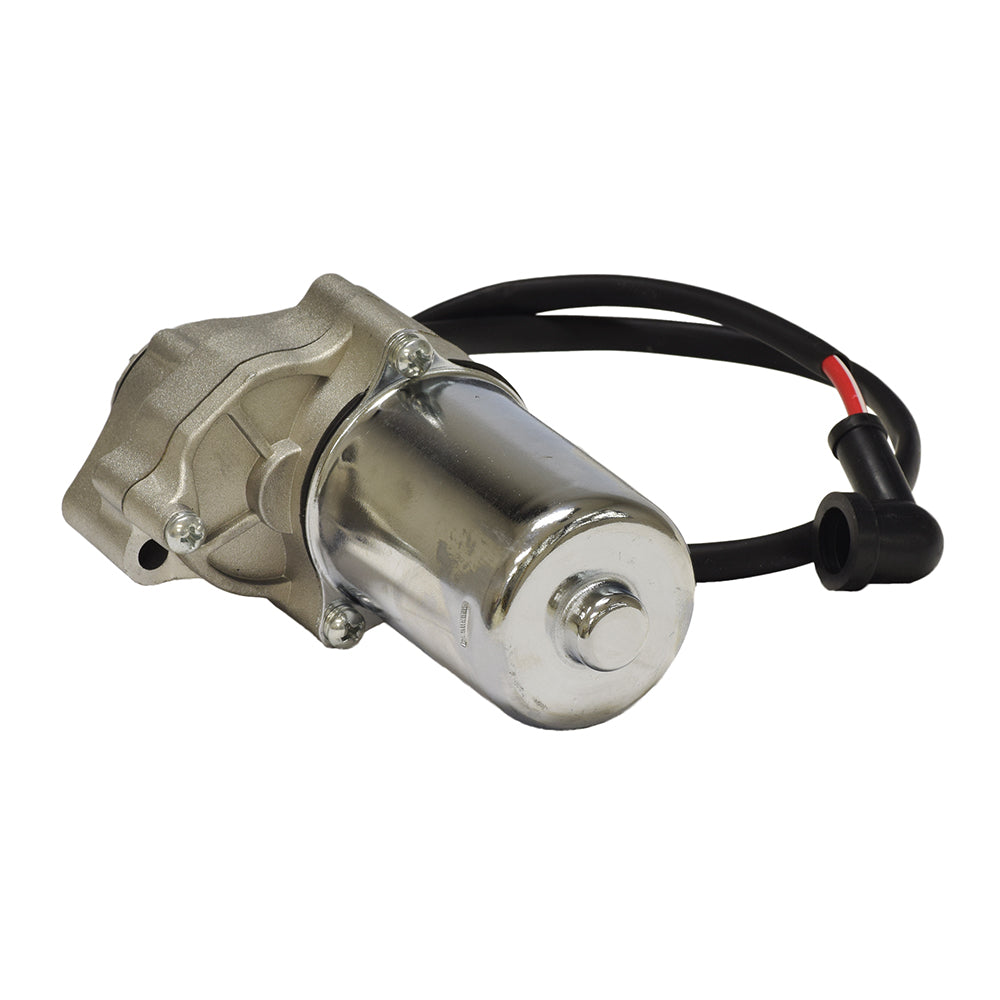 12 Volt Electric Starter Motor for 50cc - 150cc ATV & Dirt Bike Engines with 2 Mounting Holes, featuring a close-up of its silver and black cylindrical design and visible motor components.