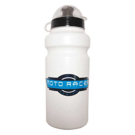 Moto Racer H2O Water Bottle: a white plastic bottle with a black lid, featuring a blue label, designed for young riders, BPA-free, dishwasher safe, and holds 20 oz, fitting most bike cages.