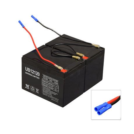 12 Ah 24 Volt MotoTec Battery Pack featuring a black battery with red and blue wires, suitable for electric and mobility scooters, and available with or without a pre-wired harness.