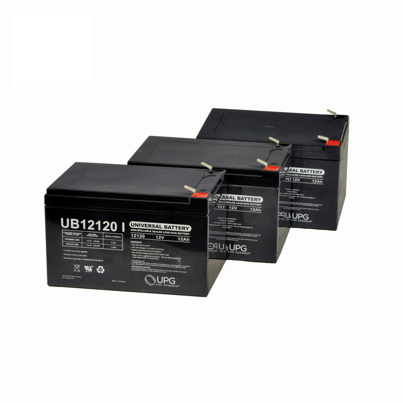 12 Ah 36 Volt Battery Pack for the MotoTec MT-TRK-350 Electric Trike, showing a group of three black batteries with white labels, designed for reliable, maintenance-free operation.