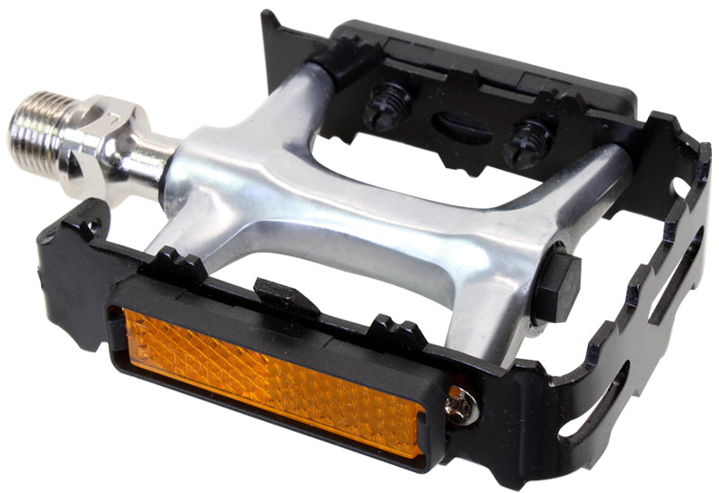 Mountain Sport Sealed 9/16 Threaded Pedals featuring a black plastic case and a reflector, designed for bicycles and scooters, showcased by Sunlite for durability and versatility.