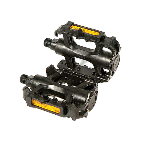 Mountain Bike Style Pedals for Currie Electric Bicycles (Set of 2) featuring black pedals with yellow reflectors, suitable for customizing your e-bike.