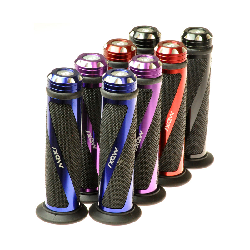 Moxi Anodized Aluminum & Rubber Grip Set for Mobility Scooters, featuring various handlebars with durable black rubber grips, designed for compatibility with diverse scooter models.