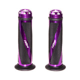 Moxi Anodized Aluminum & Rubber Grip Set for Mobility Scooters, featuring a close-up of purple handlebars with textured grips designed for various scooter types.