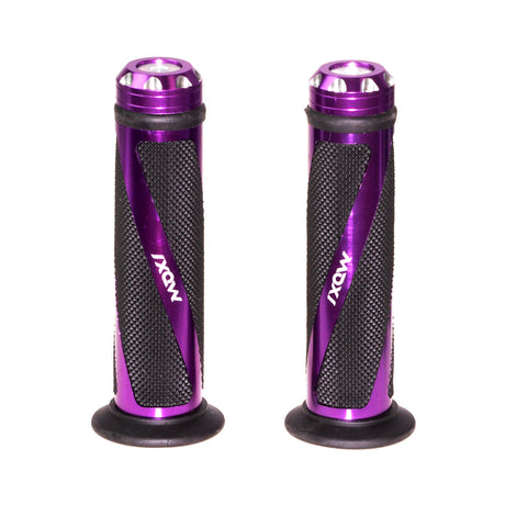 Moxi Anodized Aluminum & Rubber Grip Set for Mobility Scooters, featuring a close-up of purple handlebars with textured grips designed for various scooter types.