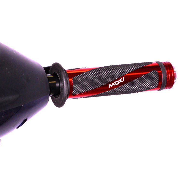 Close-up of the Moxi Anodized Aluminum & Rubber Grip Set for Mobility Scooters, showcasing the detailed handle design and texture.