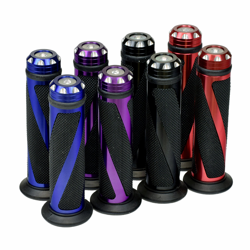 Moxi Anodized Aluminum & Rubber Grip Set features a group of colorful handlebar grips with black handles, showcasing blue, purple, red, and black options for scooters and mobility devices.