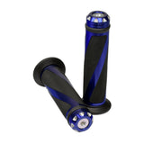 Moxi Anodized Aluminum & Rubber Grip Set featuring blue and black handlebars, designed for various scooters, showcasing a sleek and durable build with ergonomic rubber grips for enhanced control and comfort.