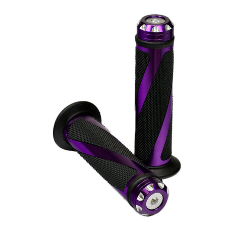 Moxi Anodized Aluminum & Rubber Grip Set featuring sleek, ergonomic purple handlebars designed for various scooters. Close-up highlights durable construction and grip texture, ensuring comfort and stability for diverse handlebar applications.