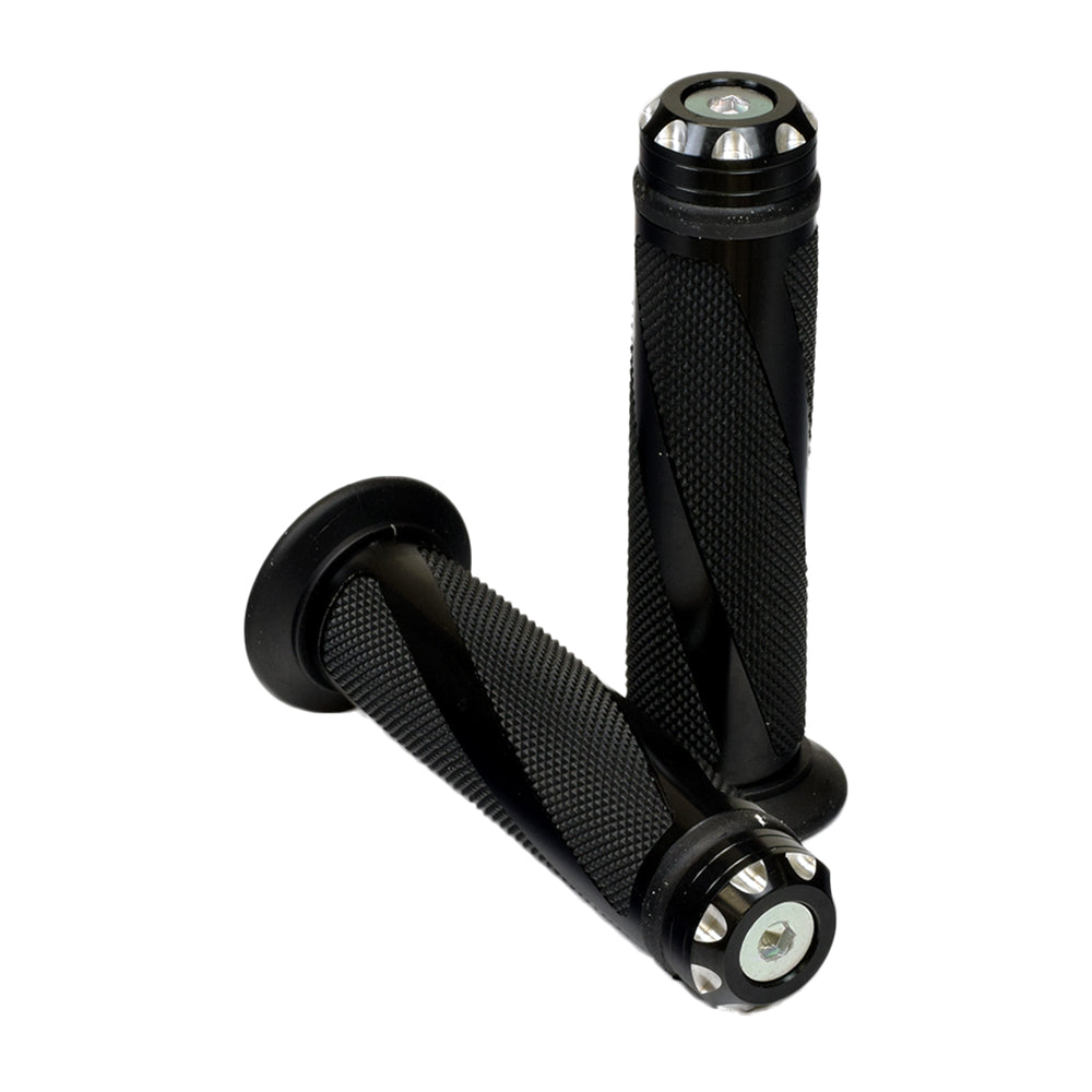 Moxi Anodized Aluminum & Rubber Grip Set featuring a close-up view of sleek black handlebars, showcasing the durable grip texture and ergonomic design for various scooters.