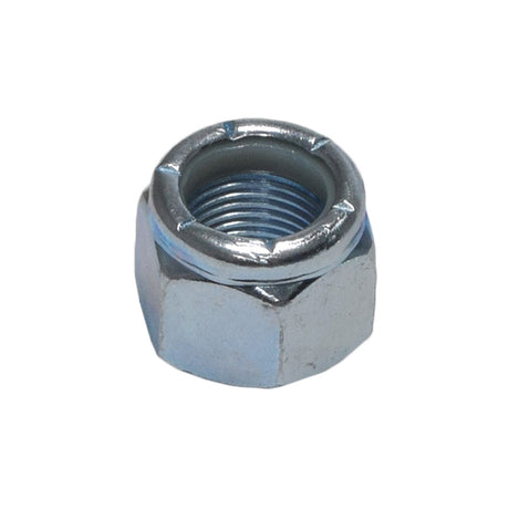 Close-up of a metal 3/4-16 lock nut, designed for securing wheels on 1 go-kart axles with a 3/4 step-down on either end.