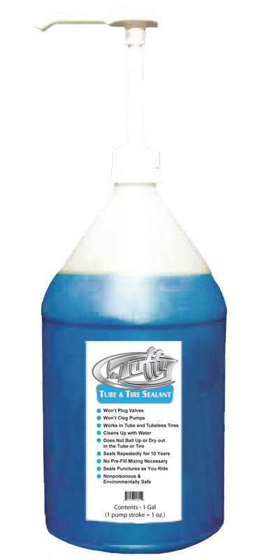 Mr. Tuffy Tire and Tube Sealant - 1 Gallon Jug, a large plastic container with blue liquid and a visible company logo.