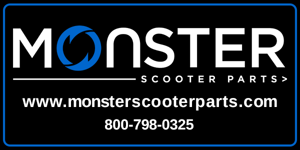 Monster Scooter Parts Sticker featuring a black background with white text and a blue circular logo with arrows.