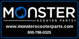 Monster Scooter Parts Sticker featuring a black background with white text and a blue circular logo with arrows.