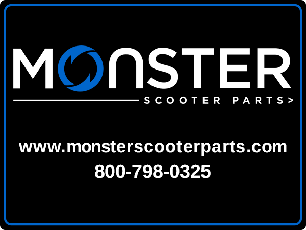 Monster Scooter Parts Sticker featuring a bold black and white design with the brand logo prominently displayed, available in round and rectangular shapes.