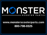 Monster Scooter Parts Sticker featuring a bold black and white design with the brand logo prominently displayed, available in round and rectangular shapes.