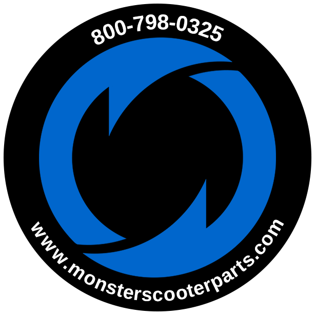 Monster Scooter Parts Sticker featuring a blue circle with white text and numbers, used for branding batteries, pull starts, and various items. Available in round and rectangular shapes.