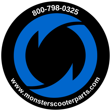 Monster Scooter Parts Sticker featuring a blue circle with white text and numbers, used for branding batteries, pull starts, and various items. Available in round and rectangular shapes.