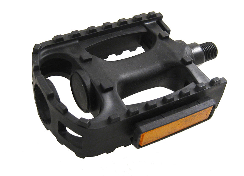 MTN Sport II 1/2 Threaded Pedals - black bicycle pedal with a yellow reflector, suitable for various scooters and bikes.