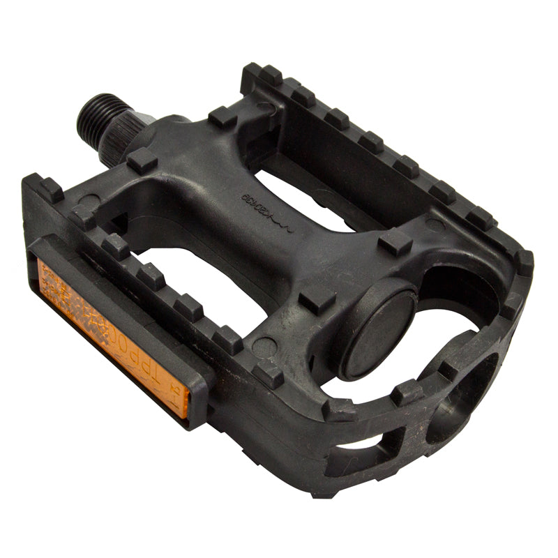 MTN Sport II 1/2 Threaded Pedals, black plastic bicycle pedals with yellow handle accents, ideal for bikes and scooters.