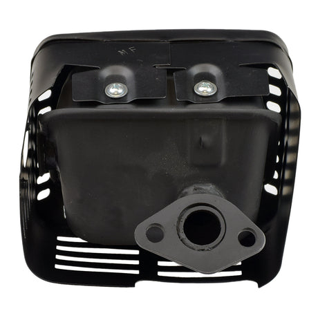 Muffler Assembly for 196cc 6.5 Hp Go-Kart Engines featuring a black metal construction with multiple holes, compatible with various Honda clone and Predator engines for Baja go-karts.