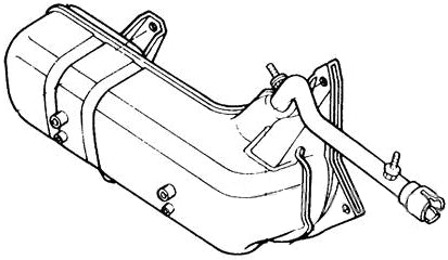 Muffler for Honda Elite 250 (1989-1990 Models) (OEM), depicted in a black and white line drawing, showcasing its detailed exhaust pipe design and structure.