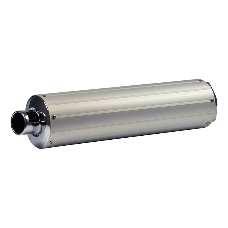 Universal Chrome Muffler/Silencer for 50cc, 125cc & 150cc GY6 Scooters, displayed on a white background. The image shows a silver, cylindrical exhaust system typically used on many Chinese-made scooters.